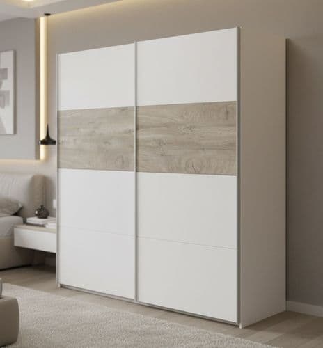 Amani Artic White and Oak Effect Modern 2 Door Sliding Wardrobe 180cm Wide - ARM182A