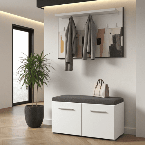 Anka White Gloss Shoe Bench Storage with Grey Cusion Seat