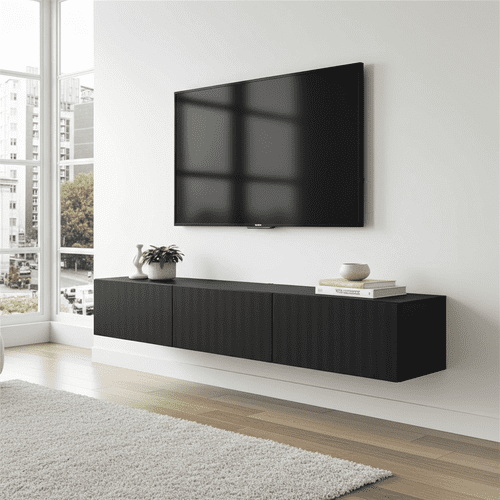 Antibes Black Slat Effect Wall Mounted Floating Wide 192cm Large TV Entertainment Unit 11014662 RZ
