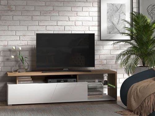 Arctic White Gloss And Oak Effect Wide TV Unit Cabinet With Storage 11011227 S/O