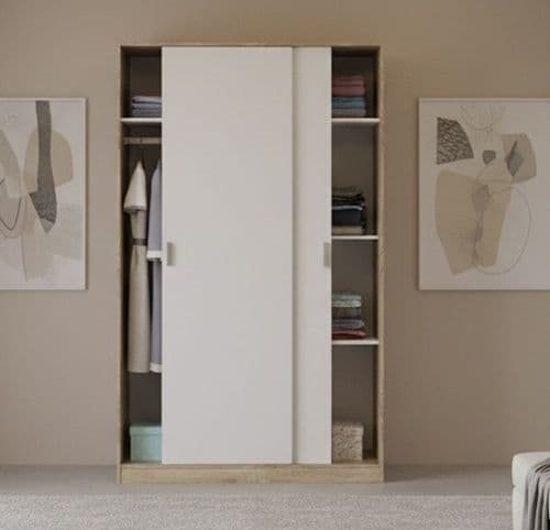 Arizona Artic White and Oak Effect Small Narrow Sliding 2 Door Wardrobe 120cm Wide - TOP120F