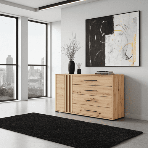Ascalon Artisan Oak Effect And Black 4 Drawer Sideboard Dresser - 11013063 RZ
