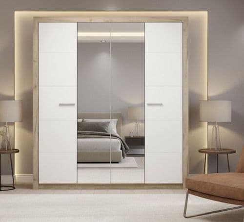 Astor Mirrored 4 Door Grey Oak and White Gloss Wardrobe With Shelves And Hanging Space - 11008706