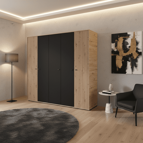 Avignon Slatted Artisan Oak Effect And Black 5 Door 227cm Wardrobe - 11014873 S/O