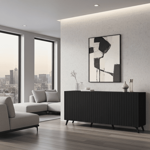 Bali Matte Black Slatted 4 Door Wide Elegant Sideboard