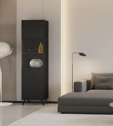 Bali Matte Black Slatted Effect Tall Display Cabinet with Glass Door
