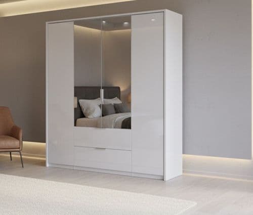 Balmain 4 Door 2 Drawer White High Gloss Mirrored Wardrobe 164cm P4RXIF74