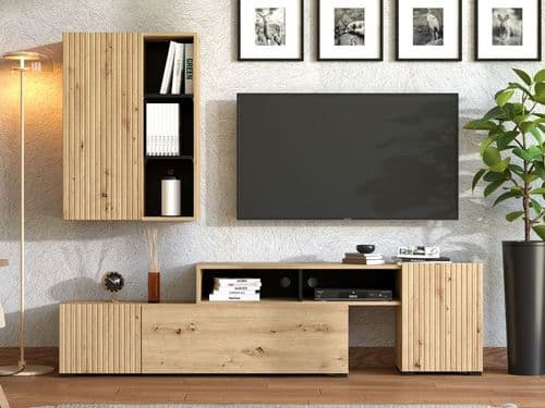 Balos Slatted Artisan Oak Effect And Black Entertaiment Unit Wall TV Cabinet - 11013505 S/O