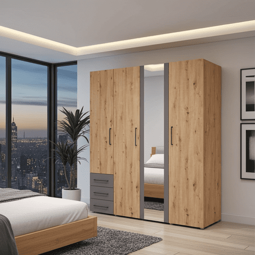 Belgrade Artisan Oak Effect And Grey 4 Door 3 Drawer Wardrobe 180cm - 11012156