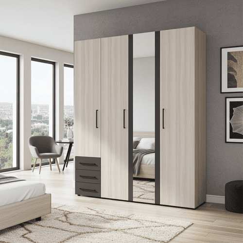 Belgrade Light Oak Effect And Grey 4 Door 3 Drawer Wardrobe  180cm- 11012285