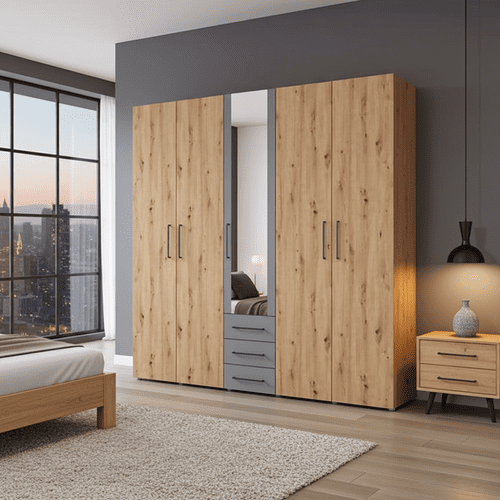 Belgrade Oak Effect And Grey 5 Door 3 Drawer Wardrobe 224cm - 11012287