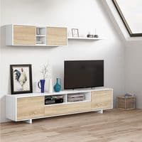 Belus White Gloss And Oak Effect TV Cabinet Entertainment Unit With Wall Unit 1F6682BO S/O