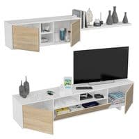 Belus White Gloss And Oak Effect TV Cabinet Entertainment Unit With Wall Unit 1F6682BO S/O