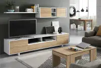 Belus White Gloss And Oak Effect TV Cabinet Entertainment Unit With Wall Unit 1F6682BO S/O