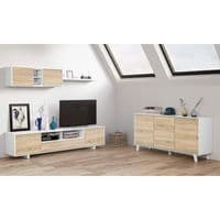 Belus White Gloss And Oak Effect TV Cabinet Entertainment Unit With Wall Unit 1F6682BO S/O