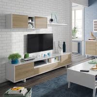 Belus White Gloss And Oak Effect TV Cabinet Entertainment Unit With Wall Unit 1F6682BO S/O