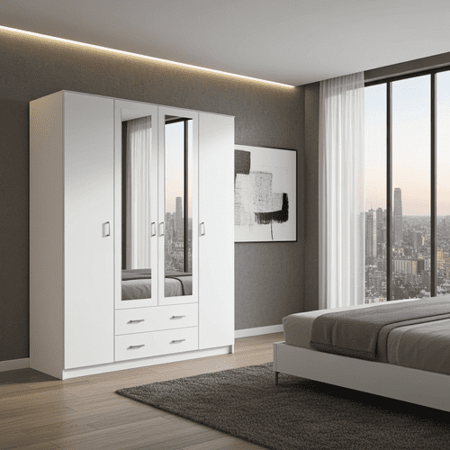 Bonn White 4 Door 2 Drawer Large Wardrobe with Mirrors