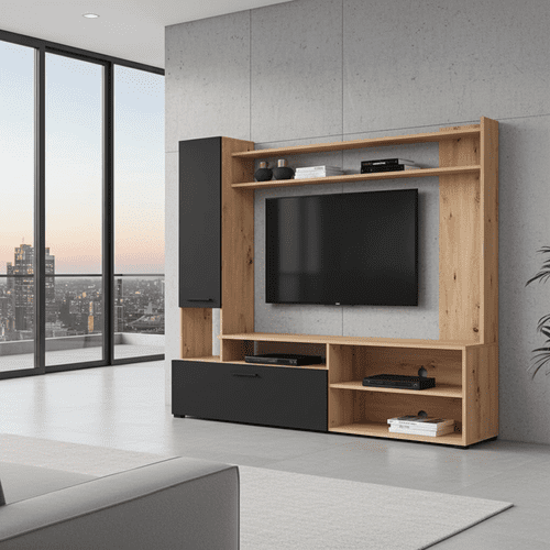 Braga Artisan Oak Effect And Black Entertaiment Unit Wall TV Cabinet - 11011452 RZ