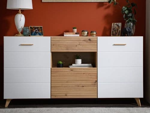 Bretagna Slatted Artisan Oak Effect And White Gloss 173cm 2 Door Sideboard - 11012052 RZ