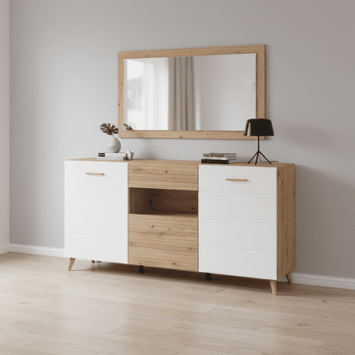 Bretagna Slatted Artisan Oak Effect And White Gloss 173cm 2 Door Sideboard - 11012052 RZ