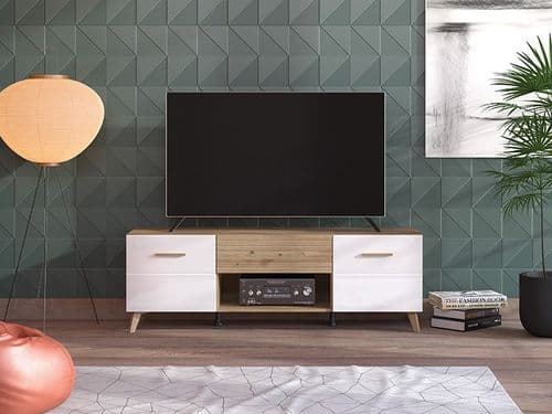 Bretagna Slatted Artisan Oak Effect And White Gloss 2 Door TV Unit Cabinet - 11012053 S/O