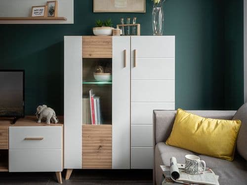 Bretagna Slatted Artisan Oak Effect And White Gloss Short 2 Door Display Unit Cabinet - 11012056 S/O
