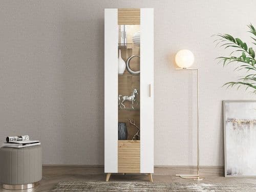 Bretagna Slatted Artisan Oak Effect And White Gloss Slim 1 Door Display Unit Cabinet - 11012055 S/O