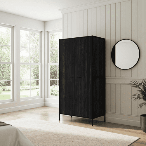 Brixton Industrial Matte Black Wood Effect 2 Door Wardrobe - LD26