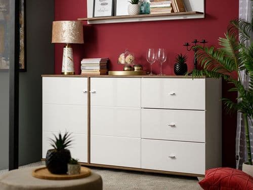 Burgundy White High Gloss And Warm Oak Effect 162cm 2 Door 3 Drawer Sideboard 11012059 RZ