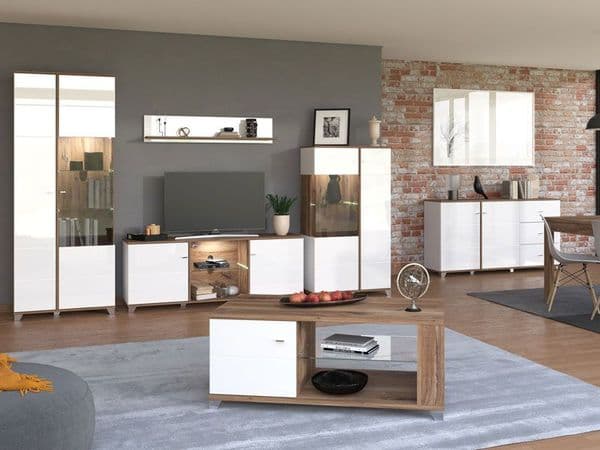 Burgundy White High Gloss And Warm Oak Effect Low 2 Door Showcase Display Cabinet 11012063 RZ