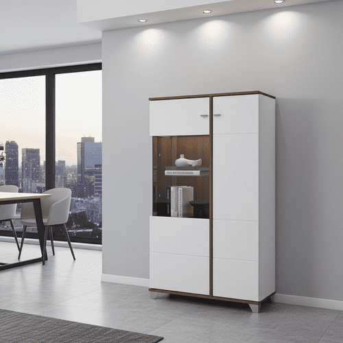 Burgundy White High Gloss And Warm Oak Effect Low 2 Door Showcase Display Cabinet 11012063 RZ