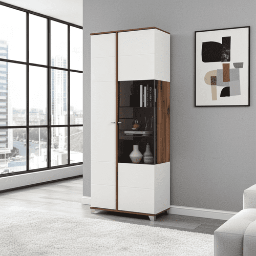 Burgundy White High Gloss And Warm Oak Effect Tall 2 Door Showcase Display Cabinet 11012062 RZ