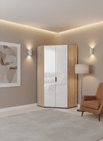 White Gloss and Oak Corner Wardrobe - Online Outlet