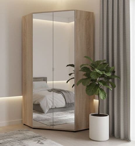 Cellini 2 Door Full Mirrored and Oak Corner Wardrobe