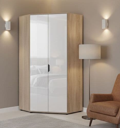 Cellini 2 Door White Gloss and Oak Corner Wardrobe with Shelves and Hanging Rails