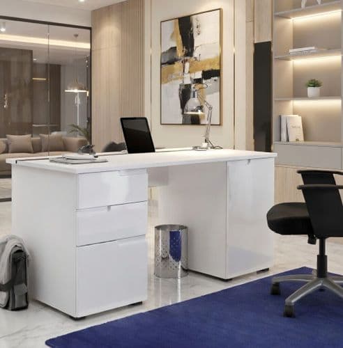 Cellini Large White Gloss Computer Desk Office Workstation S15