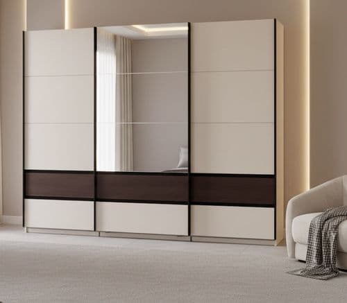 Colbury Luxury Cashmere and Walnut 3 Door Sliding Wardrobe with Mirror 270cm - 11015191