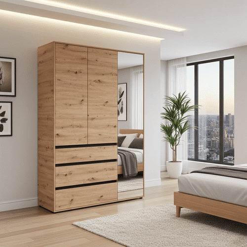 Corbett Artisan Oak Effect 3 Door 3 Drawer Mirrored Wardrobe - 11014106 RZ