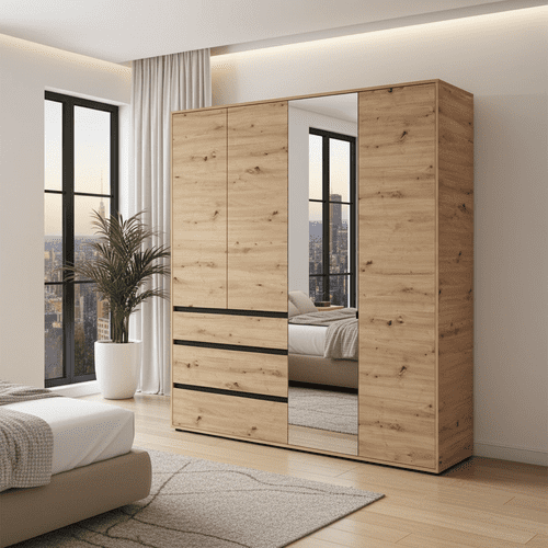 Corbett Artisan Oak Effect 4 Door 3 Drawer Mirrored Wardrobe 183cm - 11014097 RZ