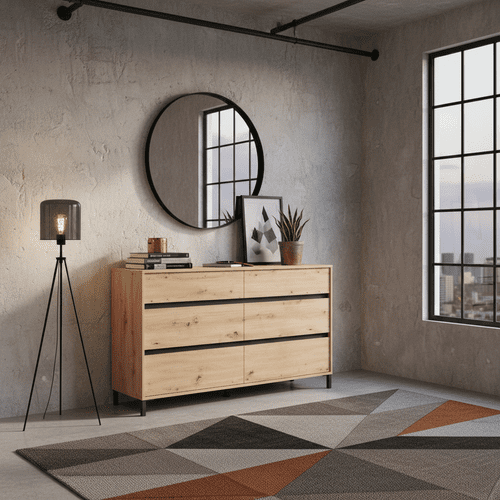 Corbett Industrial Oak Effect 6 Drawer Wide 157cm Chest of Drawers - 11014257 RZ
