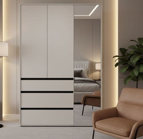 Corbett Matte Cashmere 3 Door 3 Drawer Mirrored Wardrobe 138cm- 11014290 RZ