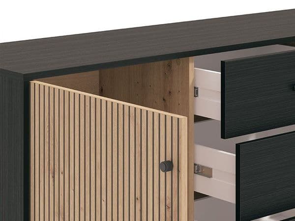 Correze Slatted Artisan Oak Effect And Black 157cm 2 Door 4 Drawer Sideboard - 11013540 RZ
