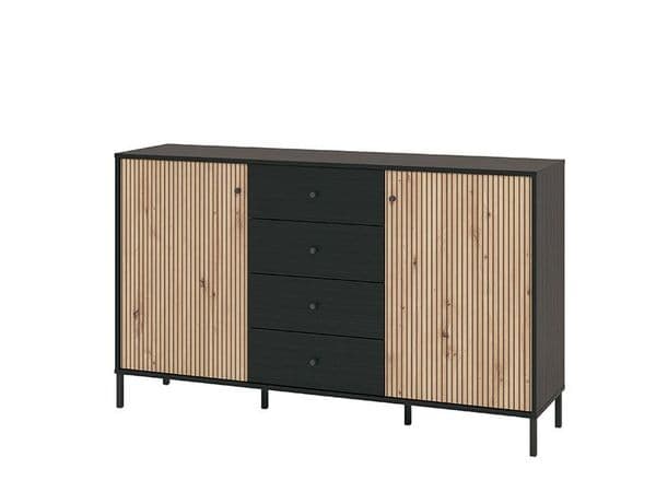 Correze Slatted Artisan Oak Effect And Black 157cm 2 Door 4 Drawer Sideboard - 11013540 RZ