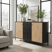 Correze Slatted Artisan Oak Effect And Black 157cm 2 Door 4 Drawer Sideboard - 11013540 RZ