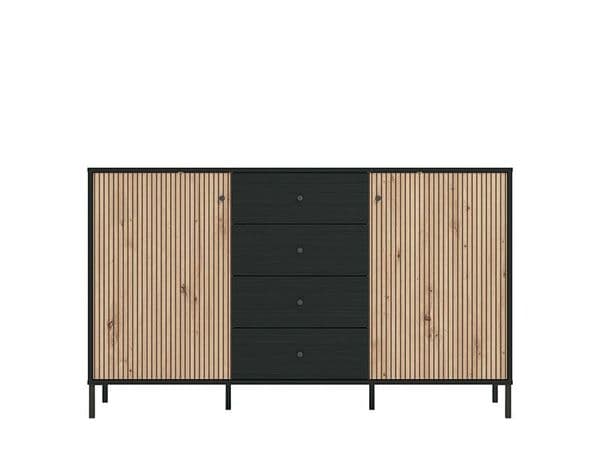Correze Slatted Artisan Oak Effect And Black 157cm 2 Door 4 Drawer Sideboard - 11013540 RZ