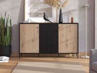 Correze Slatted Artisan Oak Effect And Black 157cm 2 Door 4 Drawer Sideboard - 11013540 RZ