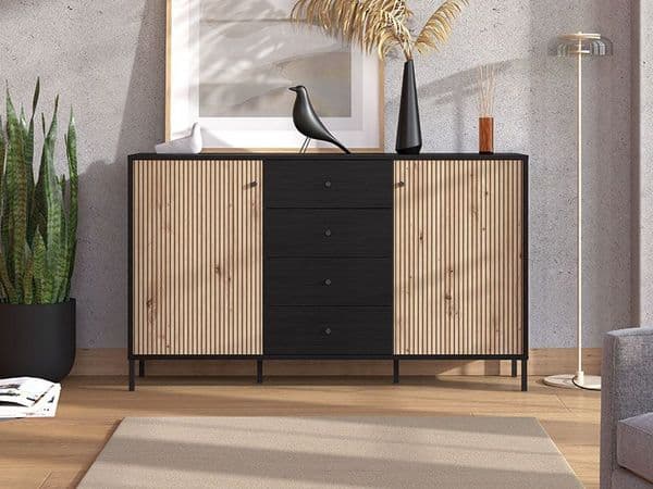 Correze Slatted Artisan Oak Effect And Black 157cm 2 Door 4 Drawer Sideboard - 11013540 RZ