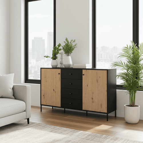 Correze Slatted Artisan Oak Effect And Black 157cm 2 Door 4 Drawer Sideboard - 11013540 RZ
