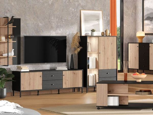 Correze Slatted Artisan Oak Effect And Black Low Showcase Display Cabinet 11013545 RZ
