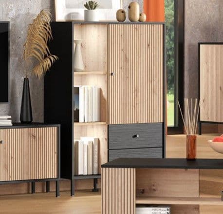 Correze Slatted Artisan Oak Effect And Black Low Showcase Display Cabinet 11013545 RZ